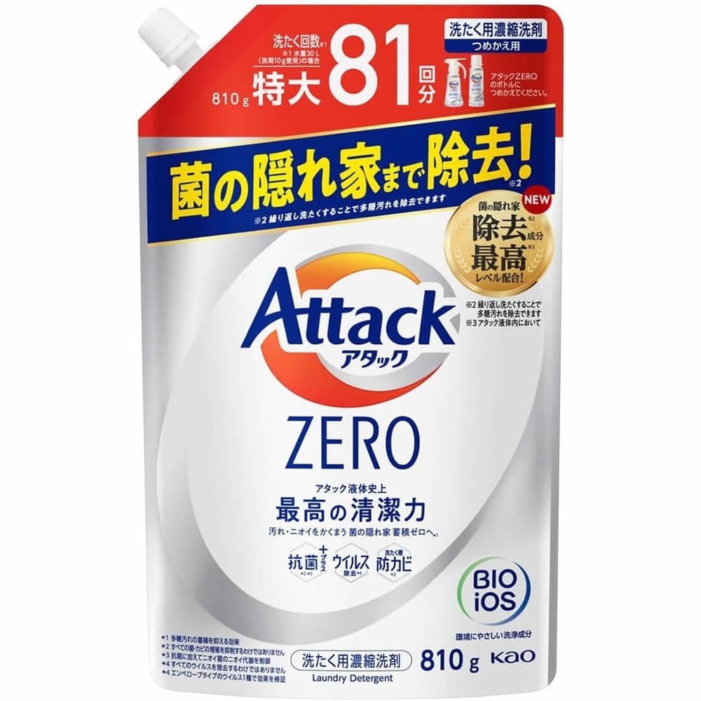 KAO Жидкое средство для стирки "Attack ZERO" (суперконцентрат, для любых типов стиральных машин) 810 г, сменная упаковка с крышкой / 15