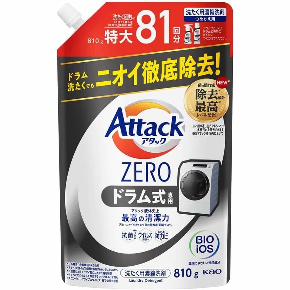 KAO Жидкое средство для стирки "Attack ZERO" (суперконцентрат, с защитой от повторного оседания грязи при стирке) 810 г, сменная упаковка с крышкой / 15